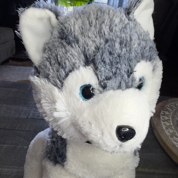 LINZY Toys Husky Puppy Dog Plush Stuffed Animal Black White Collar 15" - Picture 2 of 8